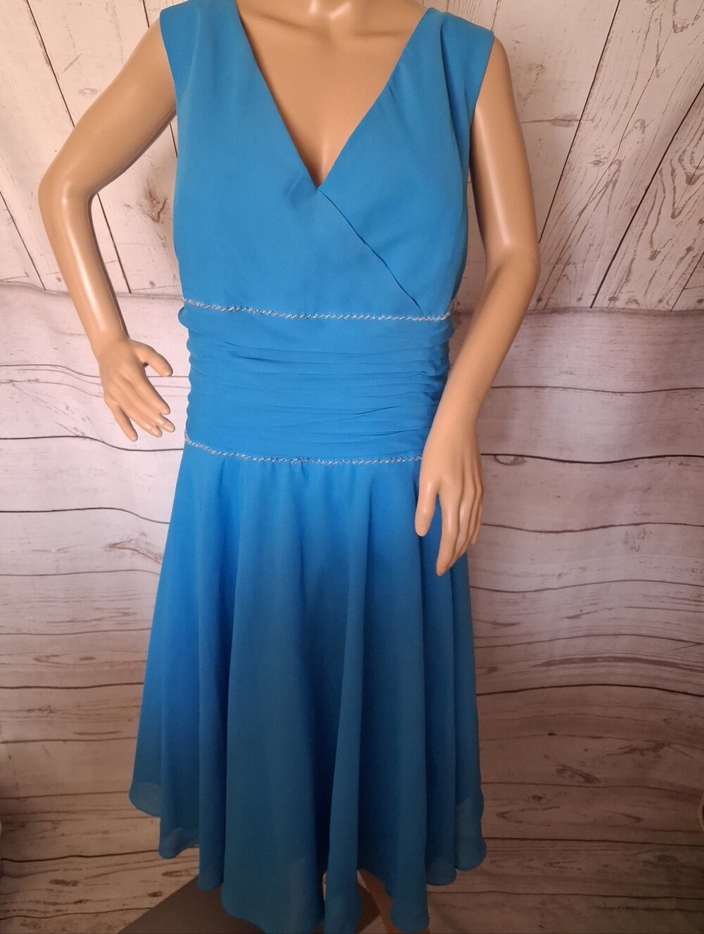 Blue V-Neck Sleeveless Fit-and-Flare Beaded Dress Size 2X